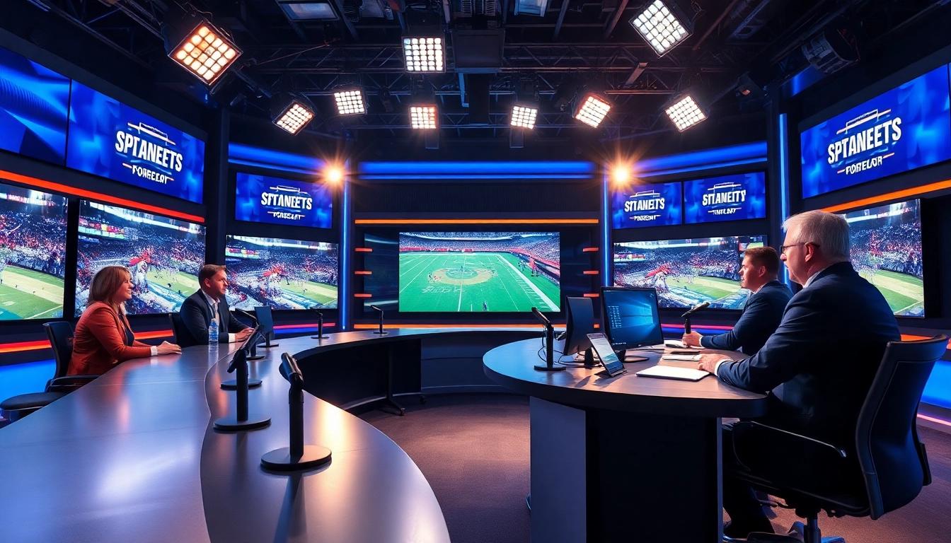 Sports Broadcasting studio featuring hosts engaging in dynamic discussions.