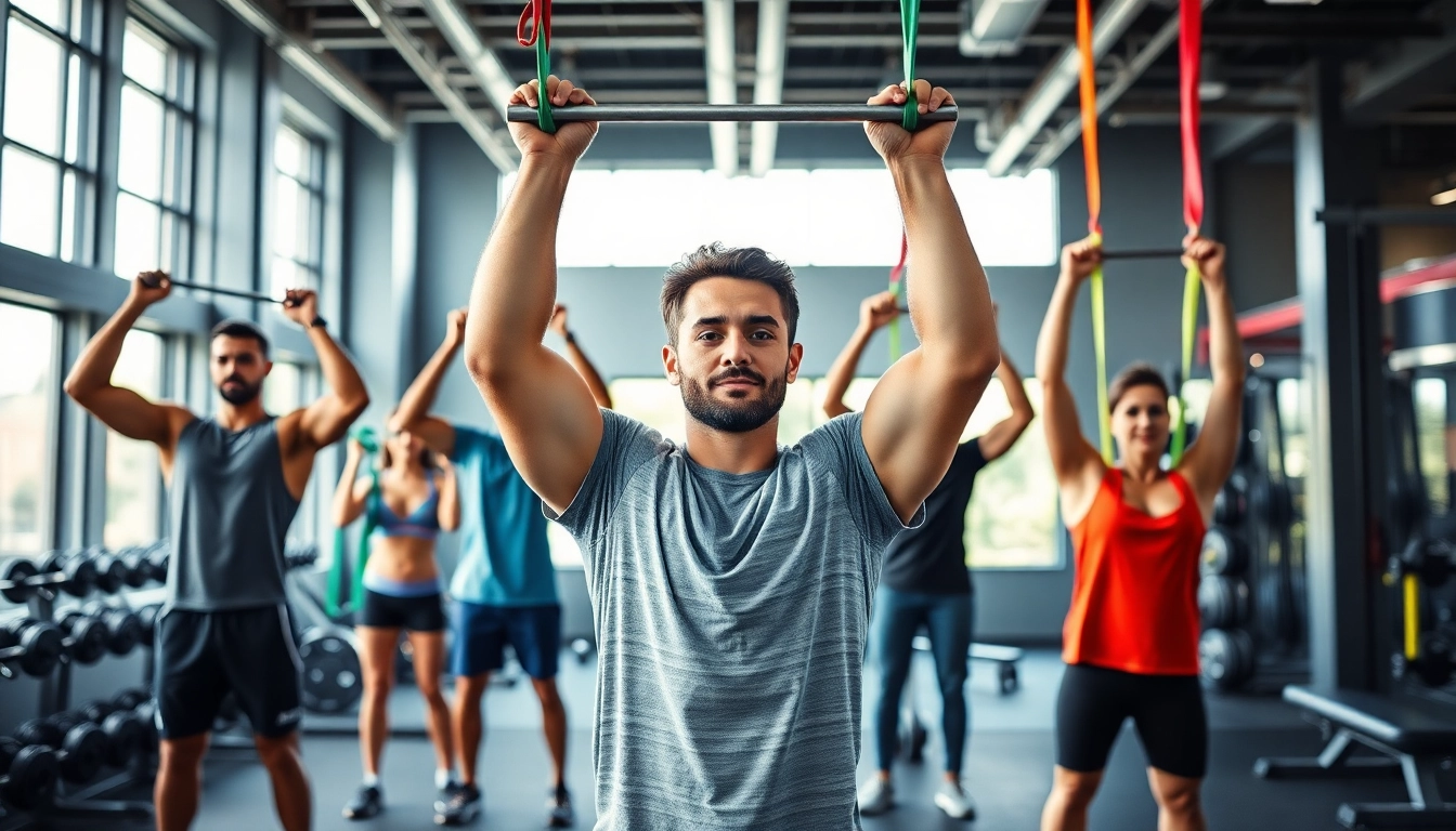 Fitness enthusiasts using stretch bands for pull-ups in a vibrant gym setting, showcasing versatility and motivation.