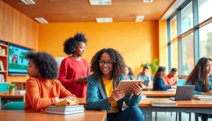 Dynamic classroom scene emphasizing education equity and innovation.
