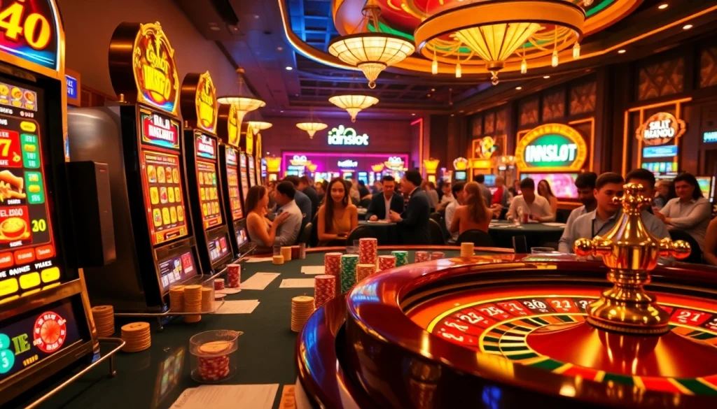 Engage with idnslot as players bet on vibrant slot machines in a luxurious online casino setting.