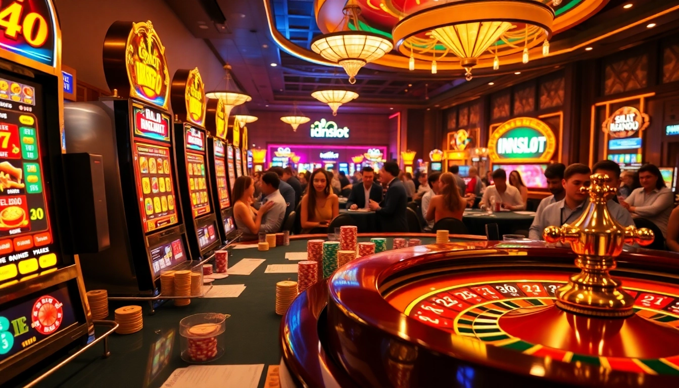 Engage with idnslot as players bet on vibrant slot machines in a luxurious online casino setting.