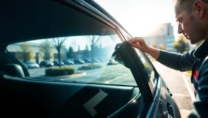 Window tinting Cleveland TN: Technician expertly installs tint on a modern car's windows.