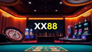 Engaging casino visuals showcasing XX88's vibrant gambling atmosphere with roulette and poker.