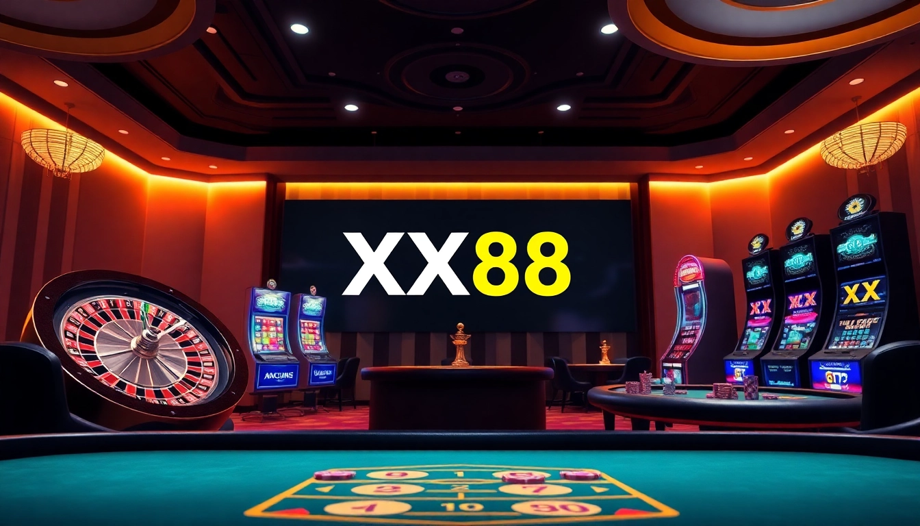 Engaging casino visuals showcasing XX88's vibrant gambling atmosphere with roulette and poker.