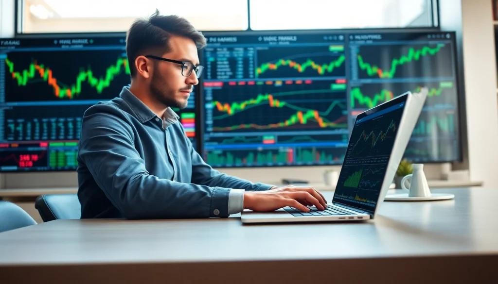 Engaged trader focusing on strategies for pre marketing trading in a professional office.