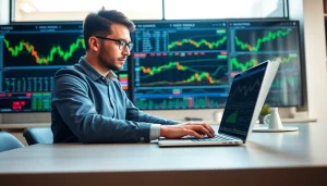 Engaged trader focusing on strategies for pre marketing trading in a professional office.