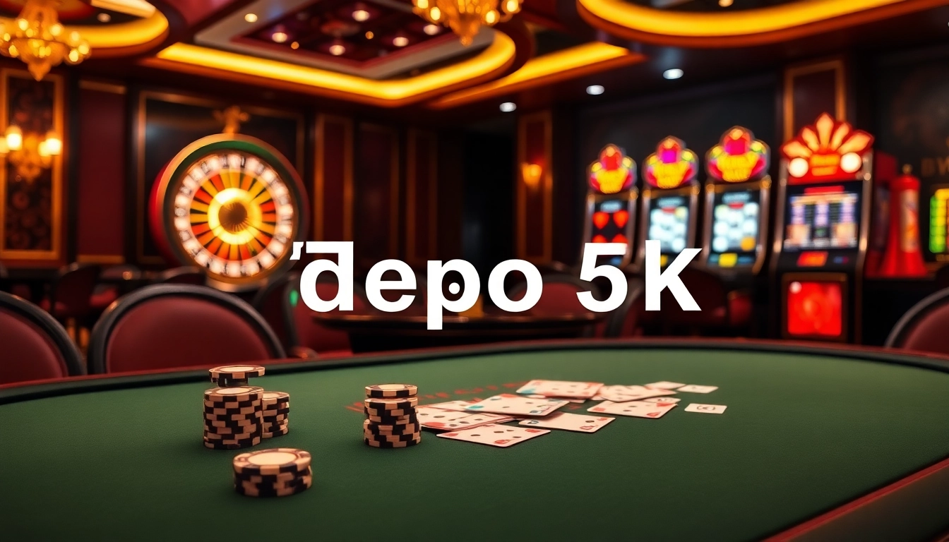 The excitement of playing depo 5k at a luxurious casino, featuring poker chips and a roulette wheel.