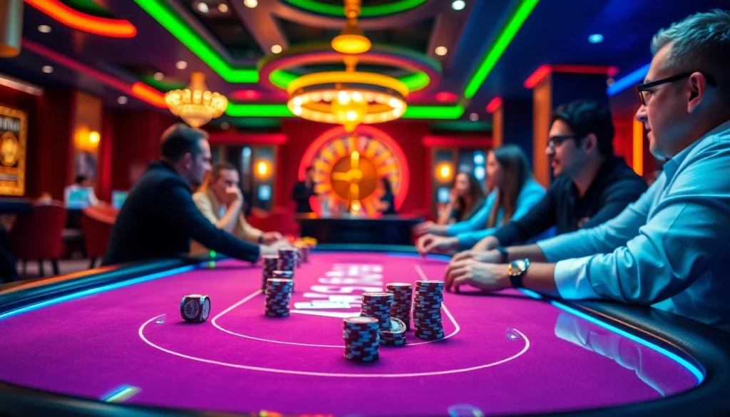 Players enjoying a thrilling game at Onicplay, showcasing intense poker action and vibrant casino atmosphere.