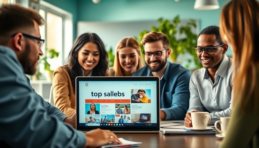 Job seekers reviewing top sales job boards in a modern office setting, showcasing collaboration and professionalism.