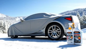 winter car protection Chattanooga demonstrated on a parked vehicle with scenic winter background.