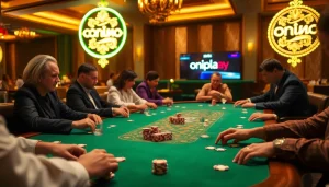 Experience the excitement of onicplay at a luxurious casino poker table with vibrant gameplay.
