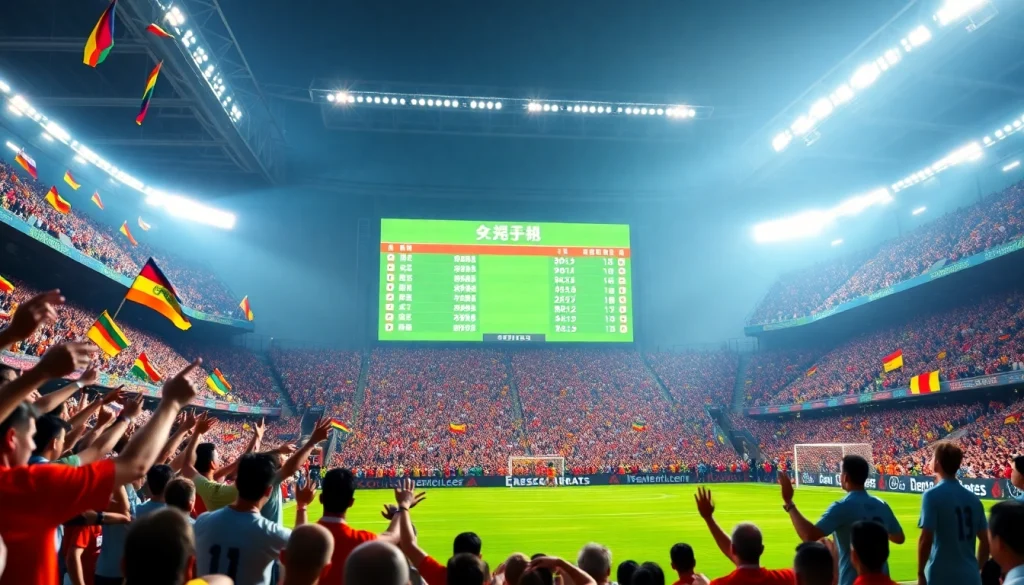 See thrilling live soccer results with ผลบอลคืนนี้ on the vibrant scoreboard amid a cheering crowd.