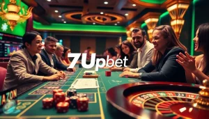 Engage in exciting online gambling with 7upbet showcasing casino tables, betting slips, and vibrant graphics.