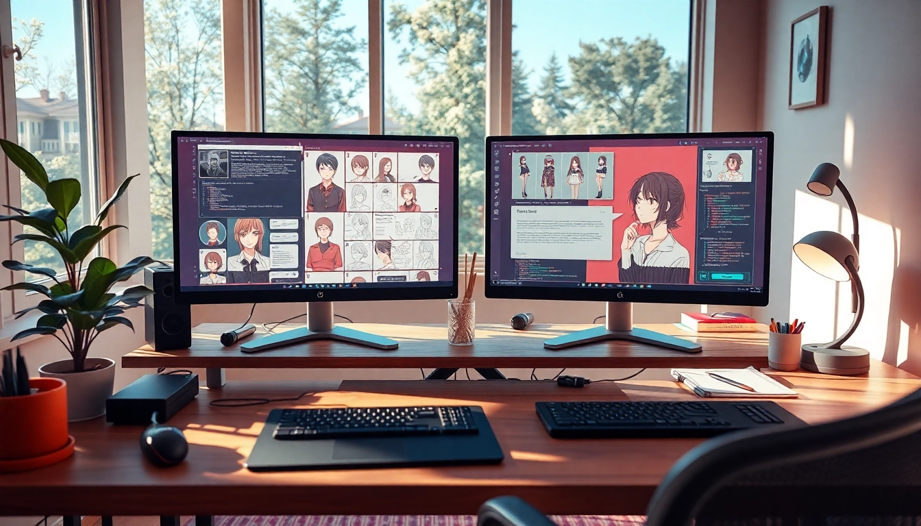 Creative workspace showcasing NSFW character AI development with screens, art supplies, and warm lighting.