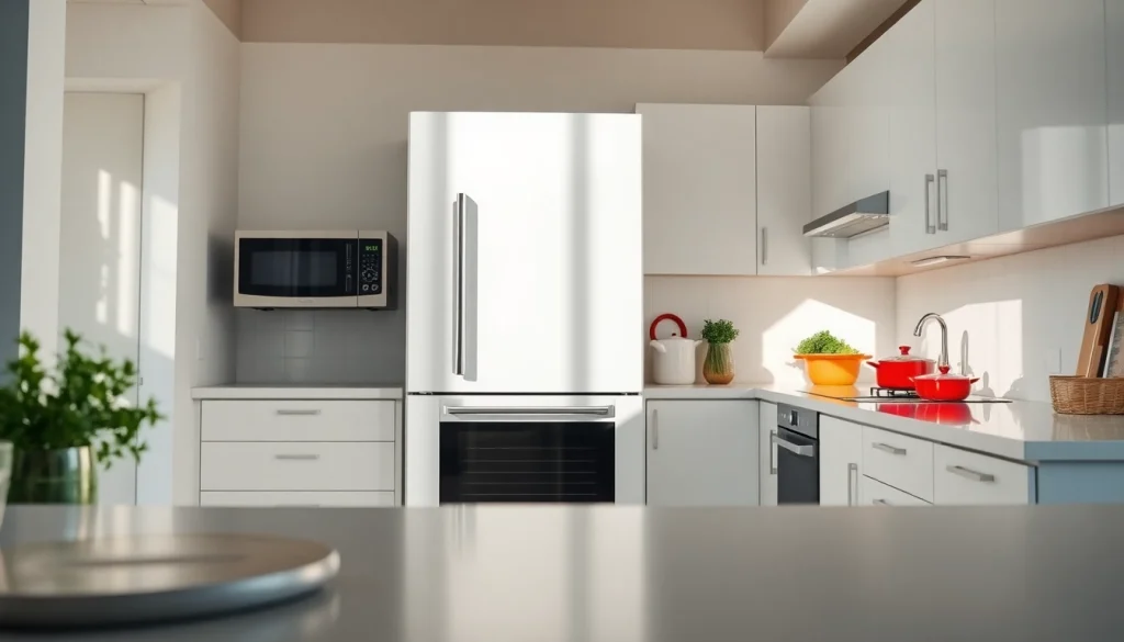Showcase of modern home appliances in a vibrant kitchen with sleek design.