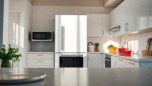 Showcase of modern home appliances in a vibrant kitchen with sleek design.