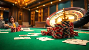 Vivez l'excitation du casino fiable en ligne avec une scène de poker glamour mettant en vedette des jetons et des cartes.