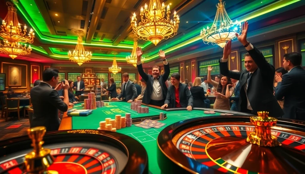 Experience the excitement of Hay88 as players celebrate their wins at a lavish casino gaming table.