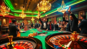 Experience the excitement of Hay88 as players celebrate their wins at a lavish casino gaming table.