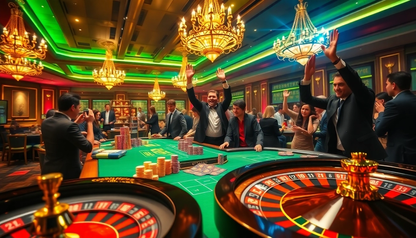 Experience the excitement of Hay88 as players celebrate their wins at a lavish casino gaming table.