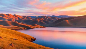 A serene painting capturing a landscape with a lake, warm sunset colors, and rolling hills.