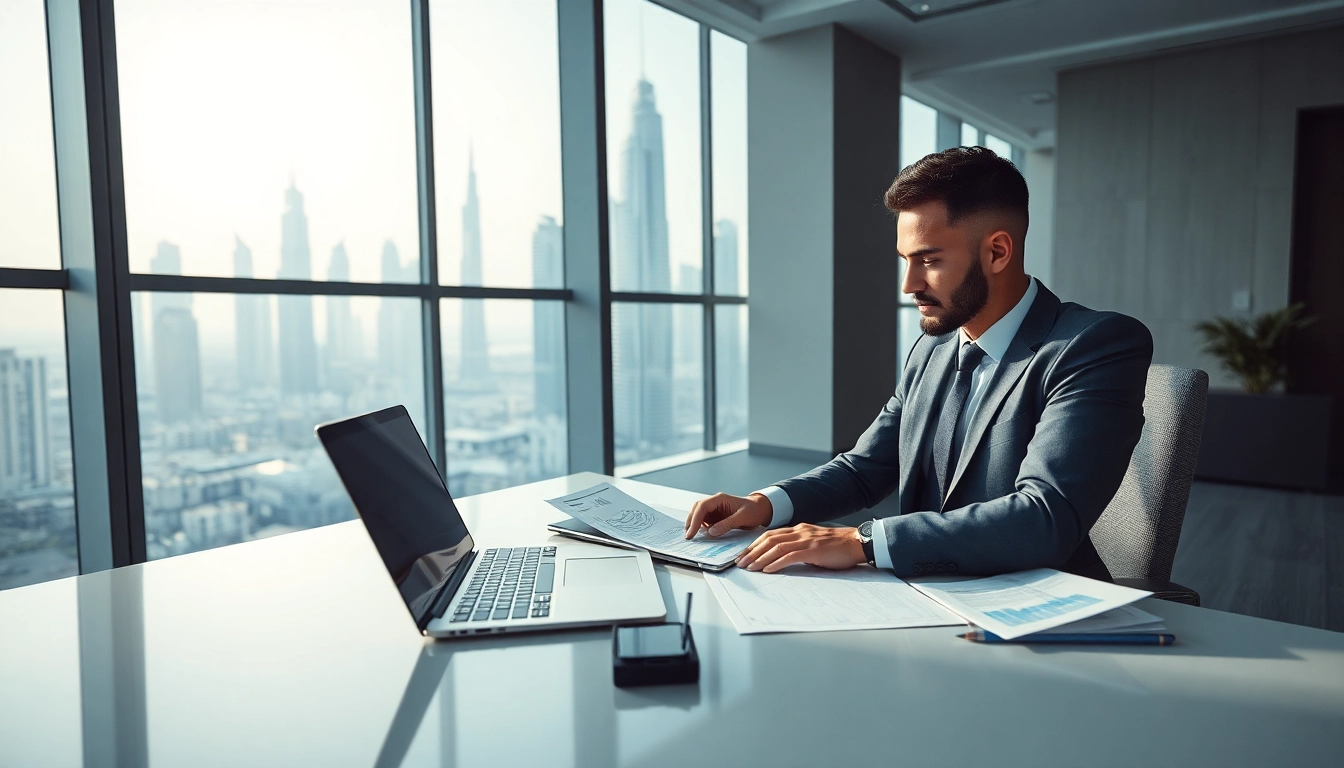 Professional auditor providing audit services in Dubai with financial reports and the Dubai skyline.