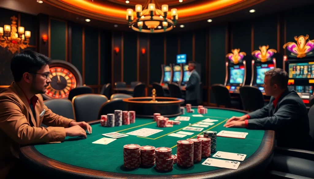 Scène de jeu dynamique mettant en avant un casino fiable en ligne avec des joueurs de poker et l'excitation de la roulette.