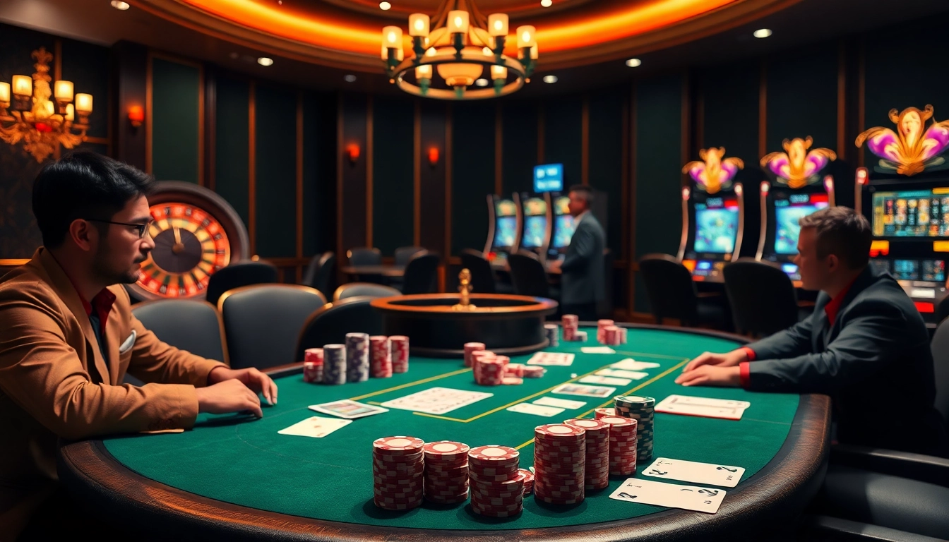 Scène de jeu dynamique mettant en avant un casino fiable en ligne avec des joueurs de poker et l'excitation de la roulette.