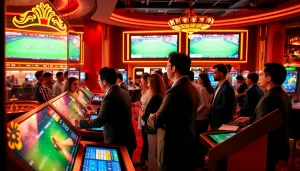 Situs bola online betting scene featuring enthusiastic gamblers at vibrant sports betting kiosks.