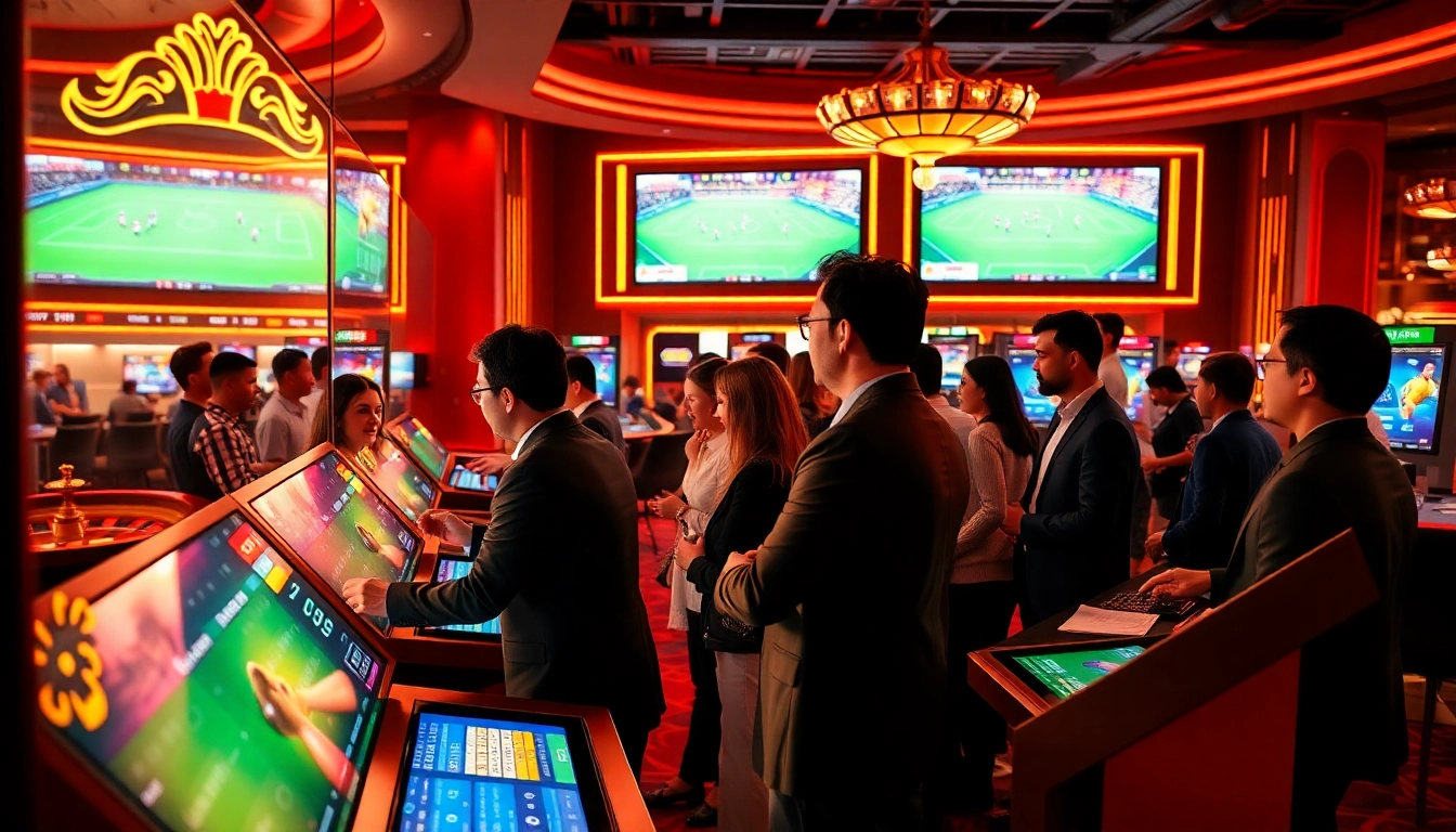 Situs bola online betting scene featuring enthusiastic gamblers at vibrant sports betting kiosks.