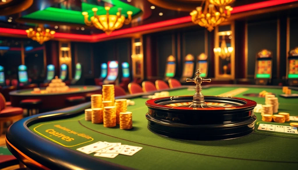 Scène engageante d'un casino en ligne haut de gamme présentant un casino fiable en ligne avec roulette, poker et machines à sous.