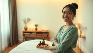가정 마사지 세션을 준비하는 친절한 태국 치료사가 있는 수원출장마사지 서비스.