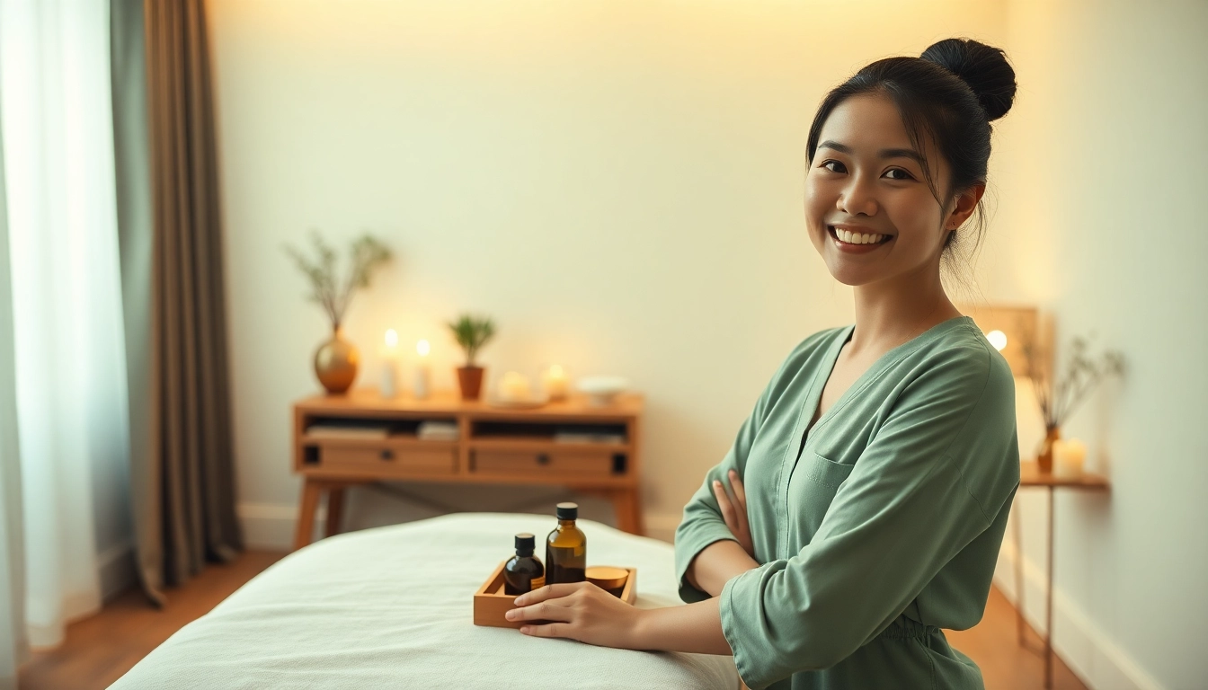 가정 마사지 세션을 준비하는 친절한 태국 치료사가 있는 수원출장마사지 서비스.