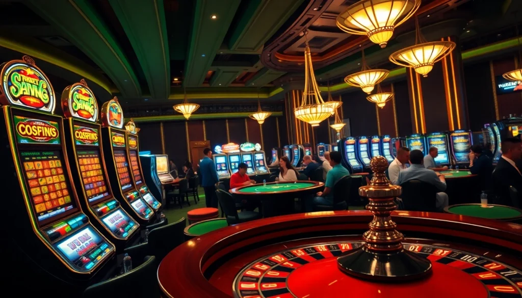 Situs bangsawan88 captures the thrill of gambling with vibrant slot machines and engaging players in a luxurious casino.