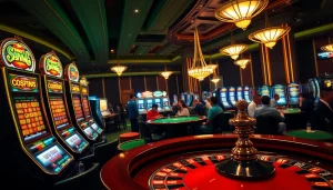 Situs bangsawan88 captures the thrill of gambling with vibrant slot machines and engaging players in a luxurious casino.