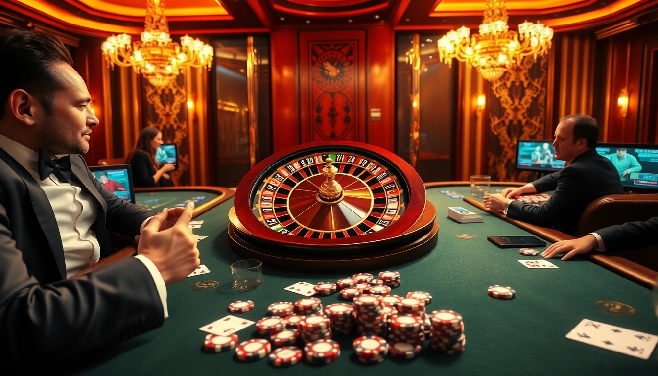 Découvrez l'atmosphère luxueuse d'un casino fiable en ligne avec une roulette tournante et des joueurs aux tables de poker.