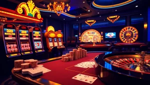 Joueurs participant à un jeu palpitant dans un casino fiable en ligne, avec des machines à sous vibrantes et des jetons de poker.
