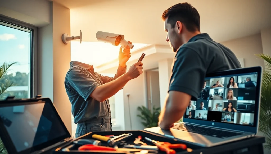 Cámaras de seguridad en Guanacaste siendo instaladas por un técnico en una ubicación residencial, mostrando tecnología avanzada para una mayor seguridad.