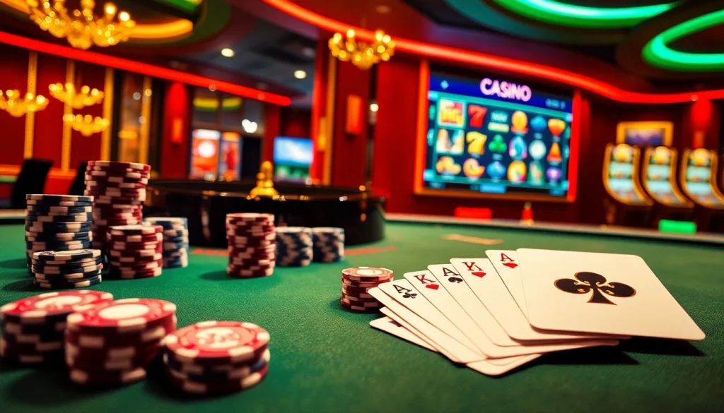 Scène visuellement engageante illustrant le meilleur casino en ligne France avec des jetons de poker, une roulette, et une interface numérique.