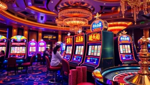 Experience the excitement of nổ hũ as players enjoy vibrant slot machines in a luxurious casino setting.
