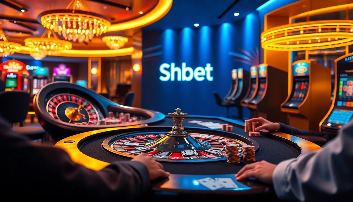 Experience high-stakes gaming at Shbet, where colorful slot machines and a vibrant roulette wheel create an exciting atmosphere.