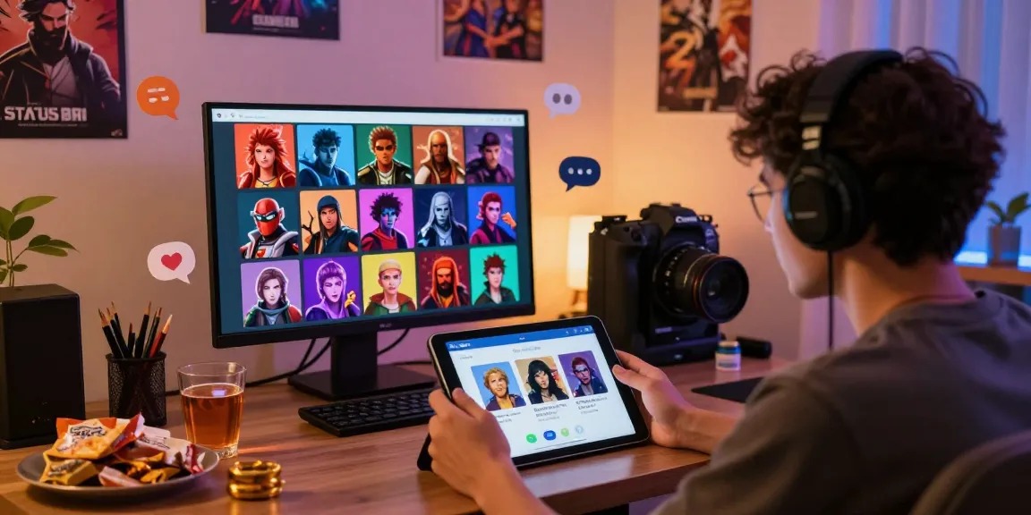 Engaging with Status AI app showcasing colorful character avatars and social media elements in an immersive gaming setup.