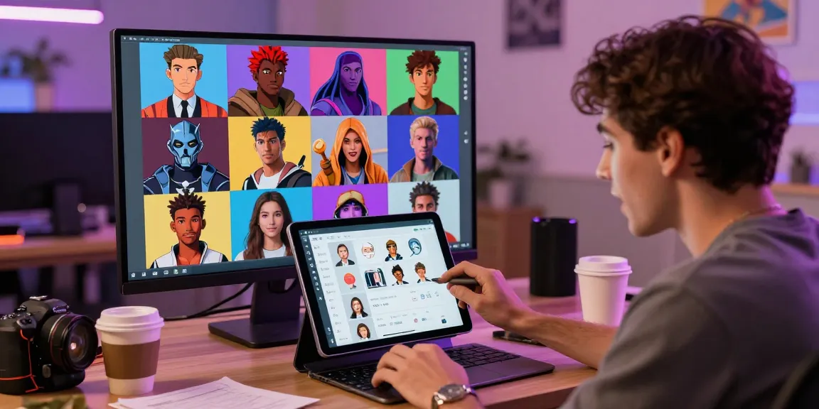 Engaging user creating avatars in Status AI, surrounded by popular characters and vibrant digital elements.