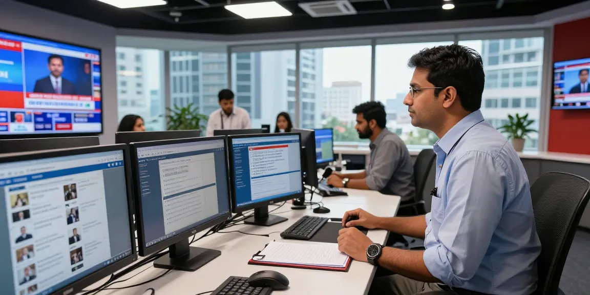 Journalist reporting live news at https://www.theindaily.com newsroom with vibrant atmosphere.